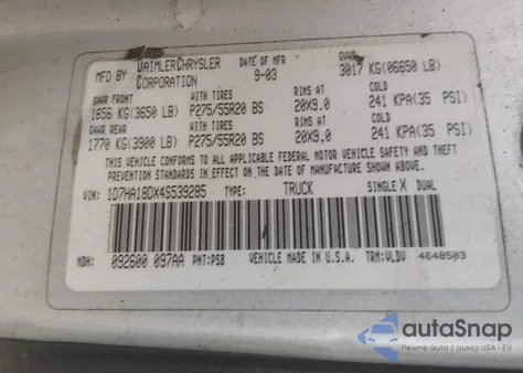 2004 Dodge Ram 1500 Slt/Laramie z USA, uszkodzony, nr VIN 1D7HA18DX4S539285